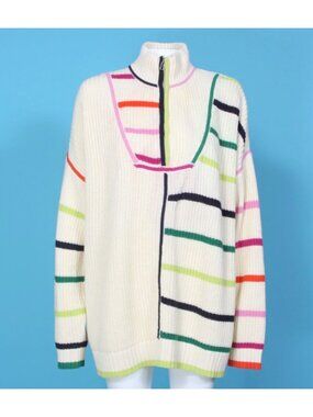 STAUD Hampton Sweater Rainbow Striped Chunky Knit Half Zip Oversized sz L /174